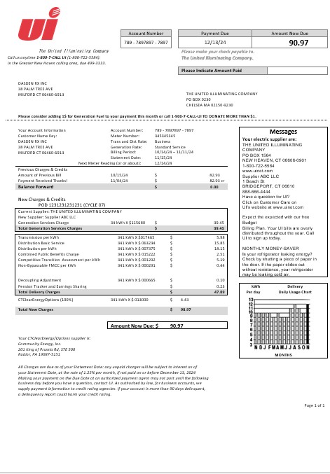USA Connecticut The United Illuminating Company electricity business utility bill template in Word and PDF formats